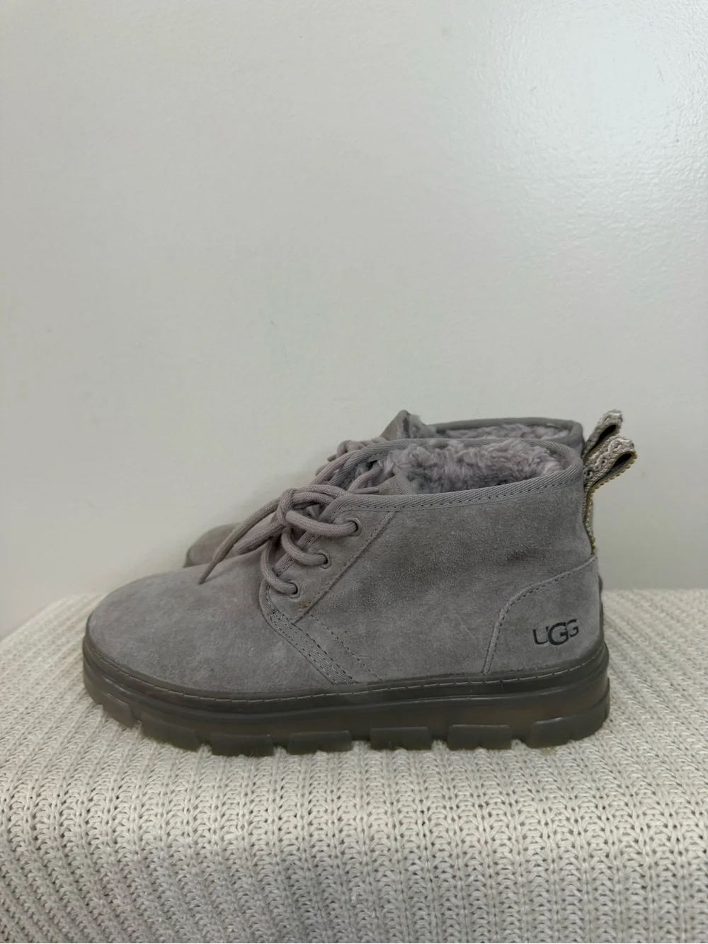 UGG Neumel Cozy Grey Suede Lace-Up Ankle Boots in size 8